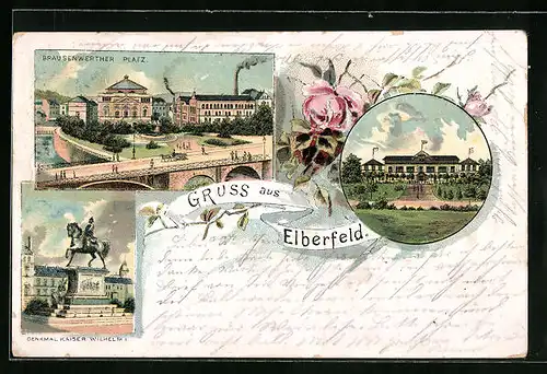 Lithographie Elberfeld, Brausenwerther Platz, Denkmal Kaiser Wilhelm I.