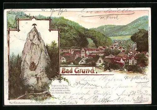 Lithographie Bad Grund, Hübichstein, Ortsansicht aus der Vogelschau