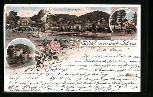 Lithographie Schandau, Panorama, Kurhaus, Schlossbastei