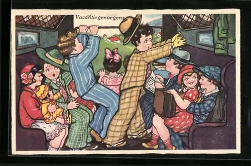 Künstler-AK Margret Boriss: Vacantiegenoegens - Im überfüllten Zugabteil