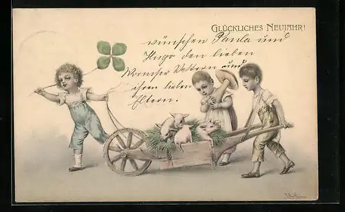 Künstler-AK Wichera: Neujahrsgruss - Kinder mit Ferkelchen in einer Schubkarre