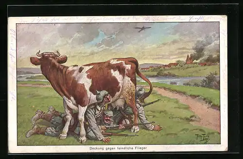 Künstler-AK Arthur Thiele: Deckung gegen feindliche Flieger - Soldaten suchen Schutz unter einer Kuh