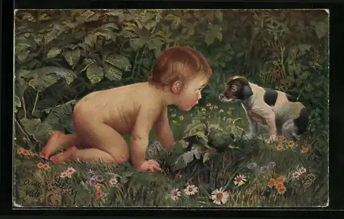 Künstler-AK Arno von Riesen: Baby und Welpe auf einer Blumenwiese
