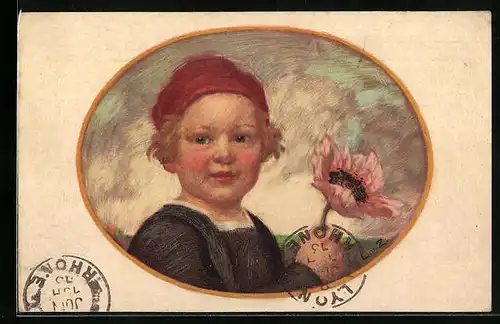 Künstler-AK Ludwig von Zumbusch: Junge mit roter Mütze und Blume