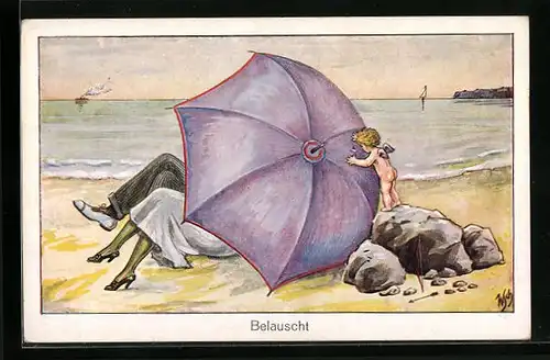 Künstler-AK Willi Scheuermann: Belauscht - Paar liegt hinter Schirm am Strand, Engelchen lauscht