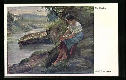 Künstler-AK A. Zandrino: Die Forelle - Junge Frau am Flussufer