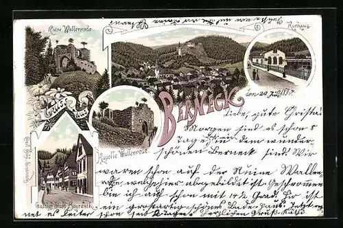 Lithographie Berneck, Ortsansicht, Ruine Wallenrode, Gasthof Stadt Bayreuth