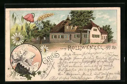 Lithographie Bayreuth, Gasthaus Rollwenzel mit Blumen, Porträt Dorothea Rollwenzel