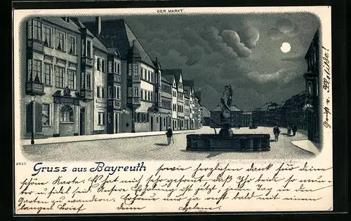 Mondschein-Lithographie Bayreuth, Der Markt mit Brunnen