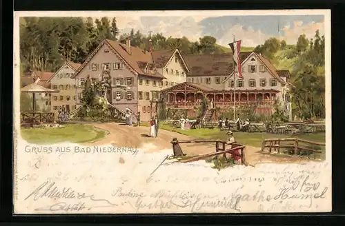 Lithographie Bad Niedernau, Gasthaus mit Ausflüglern und gehisster Reichsflagge