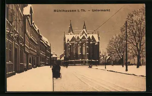 AK Mühlhausen i. Th., Untermarkt in winterlicher Stimmung