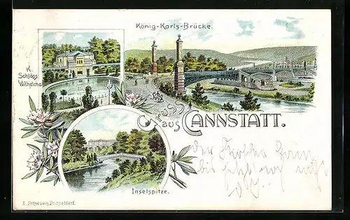 Lithographie Cannstatt, König-Karls-Brücke, Inselspitze, K. Schloss Wilhelma