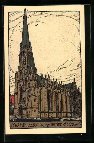 Steindruck-AK Mühlhausen i. Th., Marienkirche