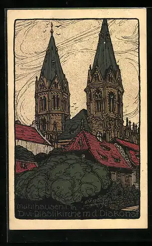 Steindruck-AK Mühlhausen i. Th., Blasiikirche m.d. Diakonat