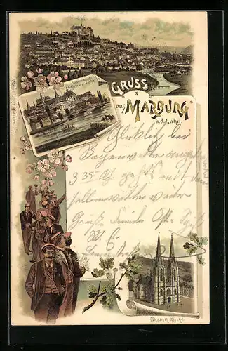 Lithographie Marburg a. d. Lahn, Elisabeth Kirche, Universität, Schloss