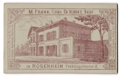 Fotografie M. Frank, Ch, Verra`s Nachf., Rosenheim, Frühlingstr. 13., Ansicht Rosenheim, Ateliersgebäude von Aussen