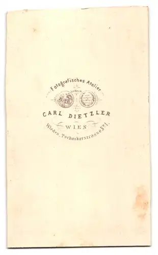 Fotografie Carl Dietzler, Wien, Technickerstr. 1, Portrait junge Frau im Biedermeierkleid mit Schleife stehend am Stuhl