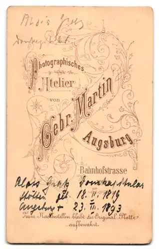 Fotografie Gebr. Martin, Augsburg, Portrait Alois Gratz, Domvikar aus Augsburg