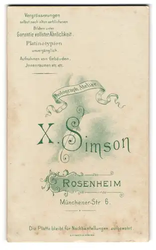 Fotografie X. Simson, Rosenheim, Münchener-Str. 6, Name des Fotografen schwebt in den Wolken