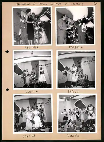 62 Fotografien Friseur-Wettbewerb Harmonie in Form und Farbe 1957, hübsche Model's werden auf der Bühne frisiert