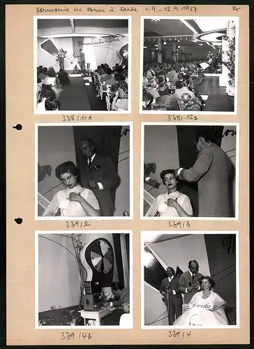 62 Fotografien Friseur-Wettbewerb Harmonie in Form und Farbe 1957, hübsche Model's werden auf der Bühne frisiert