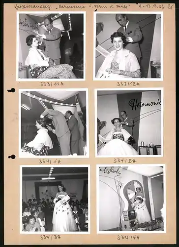 62 Fotografien Friseur-Wettbewerb Harmonie in Form und Farbe 1957, hübsche Model's werden auf der Bühne frisiert