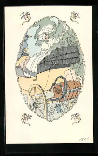 Künstler-AK M. Munk Nr. 1224: Dame in der Kutsche winkt zum Abscheid