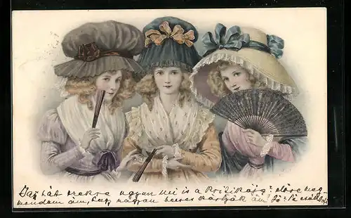 Künstler-AK M. Munk Nr. 828: Drei hübsche Damen mit Hüten und Fächern