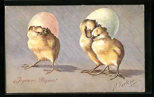 Künstler-AK M. Munk Nr. 316: Osterküken suchen Schutz vorm Regen