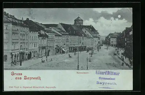 Mondschein-AK Bayreuth, Maxsstrasse bei Nacht