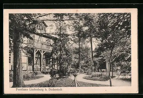 AK Duderstadt, Gasthof Forsthaus Lindenberg mit Stühlen und Tischen