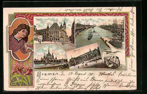 Lithographie Bremen, Bahnhof, Freihafen, Gerichtsgebäude