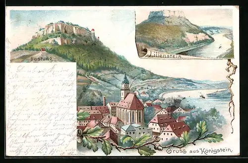 Lithographie Königstein, Lilienstein, Festung