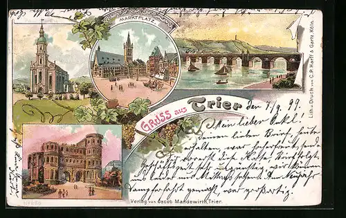 Lithographie Trier, Marktplatz, Portanig, Paulinskirche