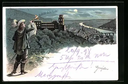 Mondschein-Lithographie Heidelberg, Panorama, Behüt` dich Gott
