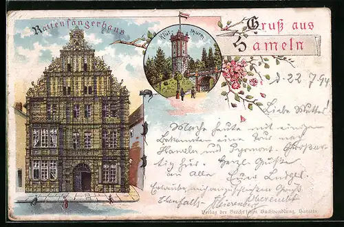 Vorläufer-Lithographie Hameln, Rattenfängerhaus, Klütturm, 1894