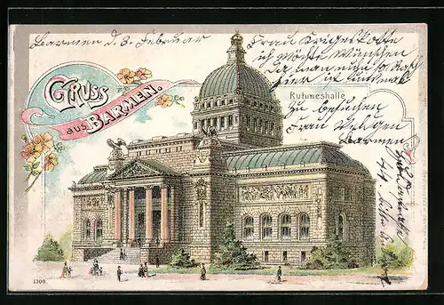Lithographie Barmen, Ruhmeshalle mit Besuchern