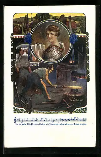 Künstler-AK W. Braun: Hammerschmied mit Kellnerin