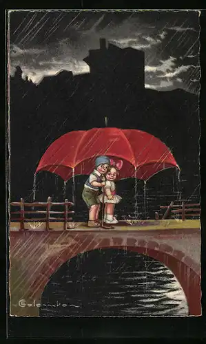 Künstler-AK E. Colombo: Junge und Mädchen vom Regen überrascht