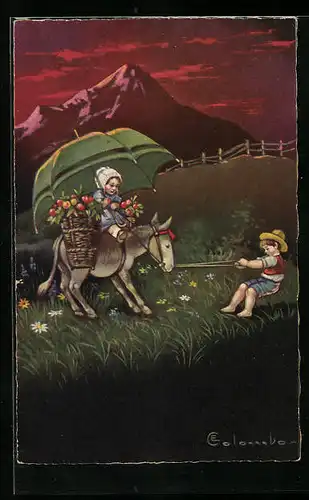 Künstler-AK E. Colombo: Kinder auf sturem Esel