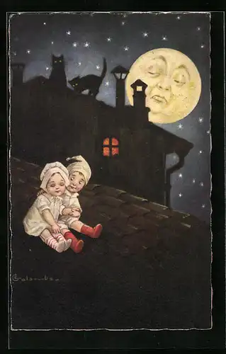 Künstler-AK E. Colombo: Gemeinsam auf den Dächern bei Nacht