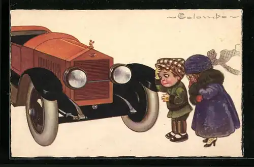Künstler-AK E. Colombo: Kleine Kinder haben mit dem Auto des Vaters einen Unfall gebaut