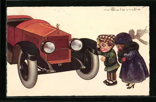 Künstler-AK E. Colombo: Kleine Kinder haben mit dem Auto des Vaters einen Unfall gebaut