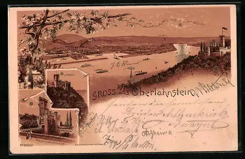 Lithographie Oberlahnstein, Ortsansicht, Lahneck, Eingang des Schlosses