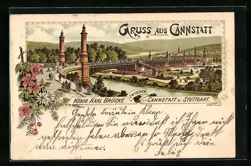 Vorläufer-Lithographie Cannstatt 1894, König Karl Brücke zwischen Cannstatt und Stuttgart