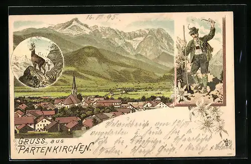 Vorläufer-Lithographie Partenkirchen 1895, Ortsansicht, Wanderer in Tracht, Gämse