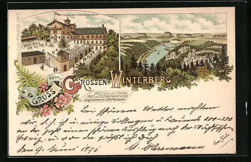 Lithographie Bad Schandau, Grosser Winterberg, Hotel auf dem grossen Winterberg