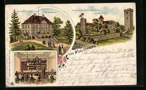Lithographie Wohldenberg, Hotel-Schloss Wohldenberg, Aussichtsturm und Ruine