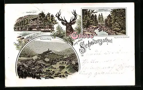 Lithographie Schwarzburg, Lösches Hall, Partie an der steinernen Brücke