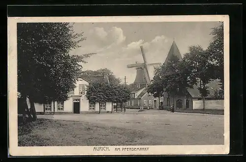 AK Aurich, Am Pferdemarkt mit Windmühle